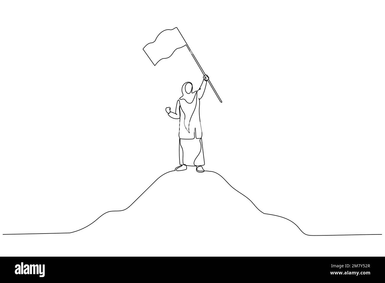 Caricature de femme musulmane entrepreneur et drapeau sur la métaphore de la montagne de haut pour la réalisation. Un design artistique de style ligne Illustration de Vecteur