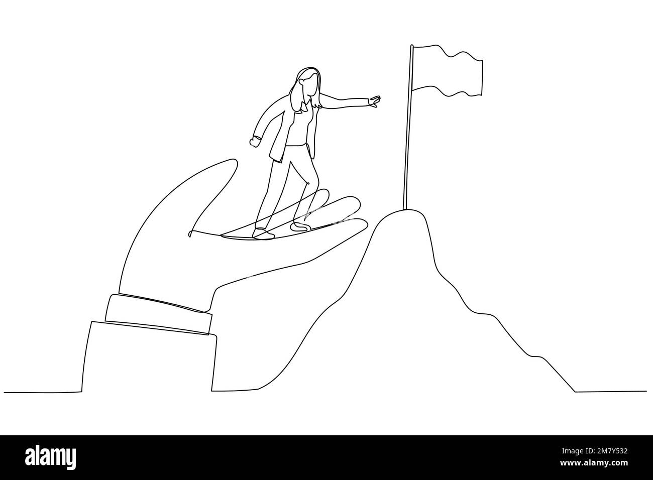 Dessin animé d'une femme d'affaires debout sur la main d'aide géante pour atteindre le sommet de la cible de montagne drapeau. Design de style art continu Illustration de Vecteur