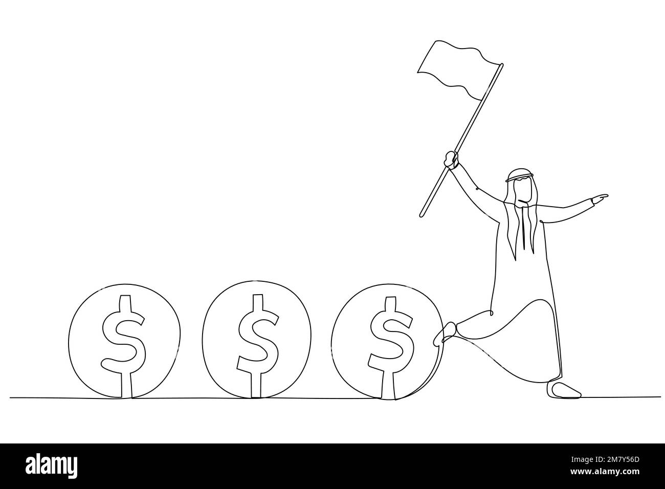 Illustration de l'homme arabe dirigeant détenteur de drapeau contrôle flux de capitaux concept de flux de trésorerie. Design de style art simple Illustration de Vecteur