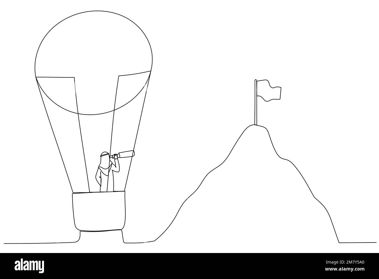 Dessin animé de l'homme arabe en montgolfière volant vers la montagne avec le concept de drapeau de l'objectif. Un design de style art continu Illustration de Vecteur