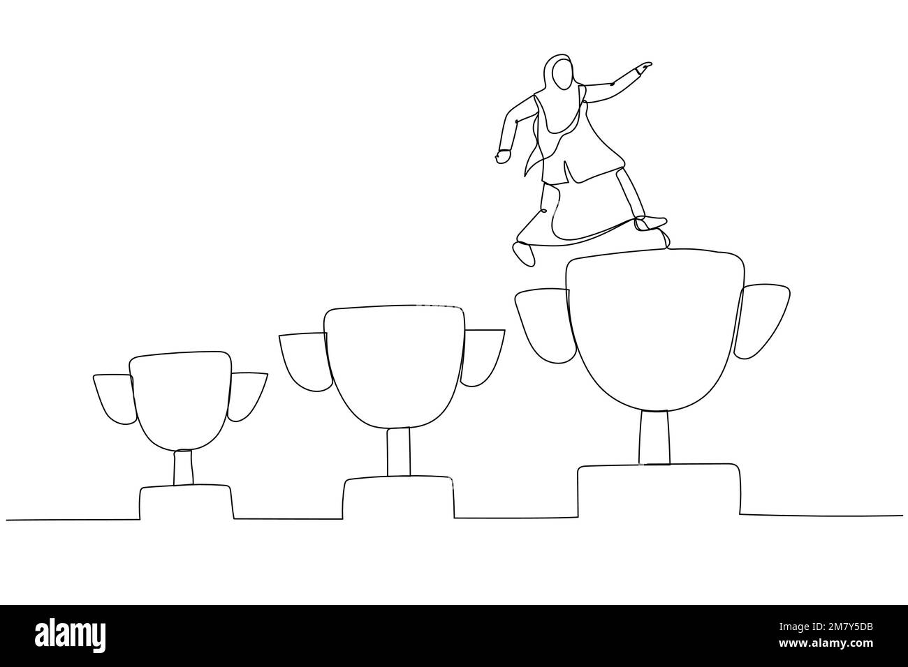 Dessin animé d'une femme d'affaires musulmane sautant du trophée petit gagnant pour obtenir un but plus grand. Design unique de style art continu Illustration de Vecteur
