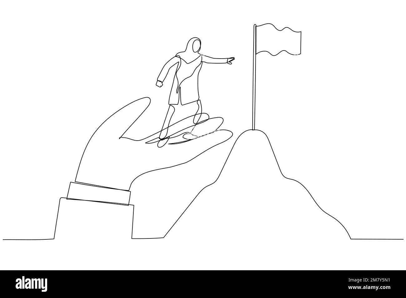 Dessin d'une femme d'affaires musulmane se tient sur la main d'aide géante pour atteindre le haut de la cible de montagne drapeau. Design de style art à une ligne Illustration de Vecteur