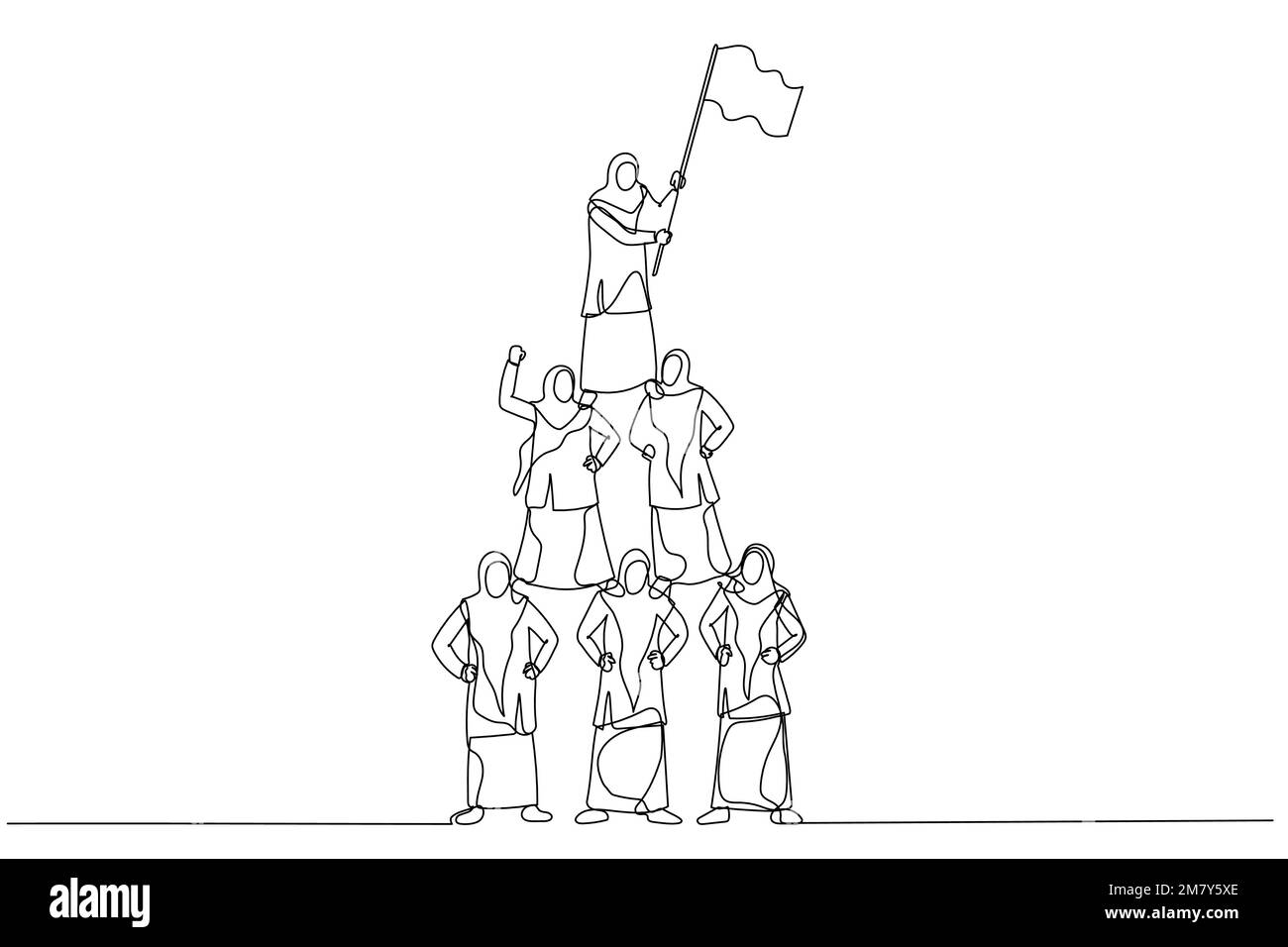 Dessin d'une femme d'affaires musulmane font pyramide et conduit par le chef d'affaires avec drapeau. Un design de style art continu Illustration de Vecteur