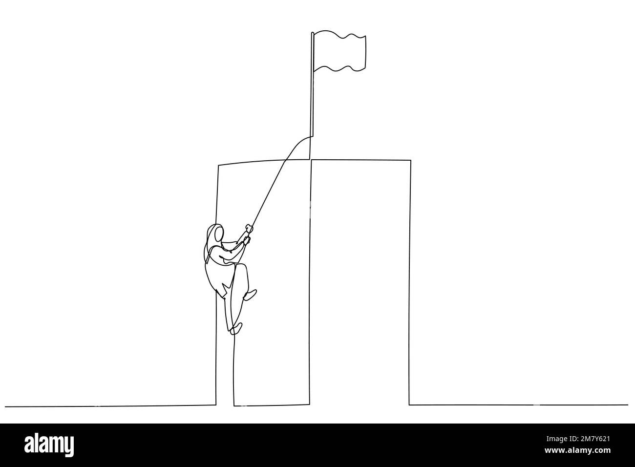 Illustration d'une femme d'affaires musulmane montant une falaise sur un concept de corde de la croissance de carrière. Design de style art continu Illustration de Vecteur