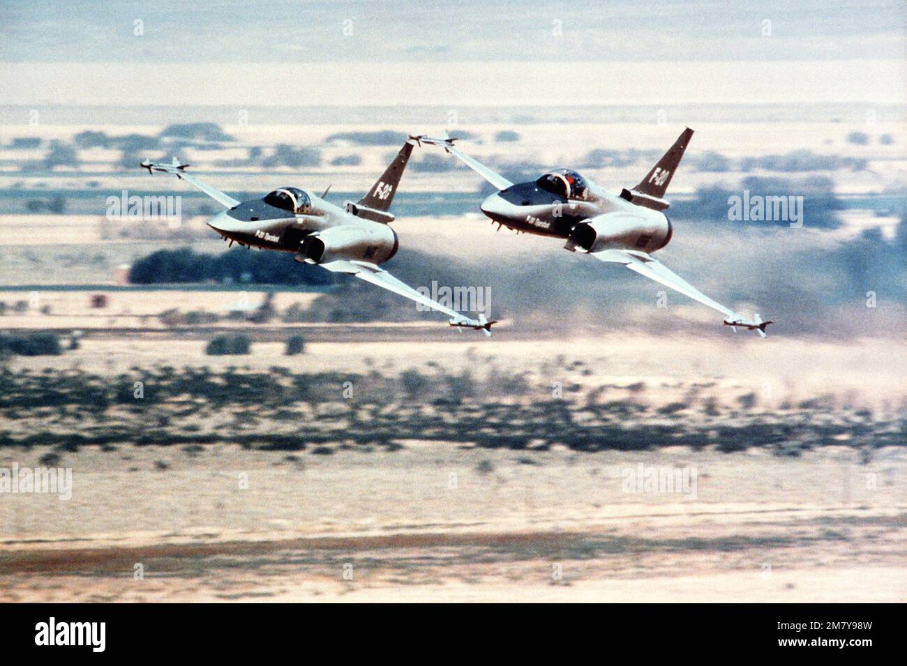 Vue avant gauche air-air de deux avions Tigershar Northrop F-20 effectuant une passe basse vitesse pendant une démonstration. L'avion est armé de missiles AIM-9 Sidewinder. Base: Edwards Air Force base État: Californie (CA) pays: États-Unis d'Amérique (USA) Banque D'Images