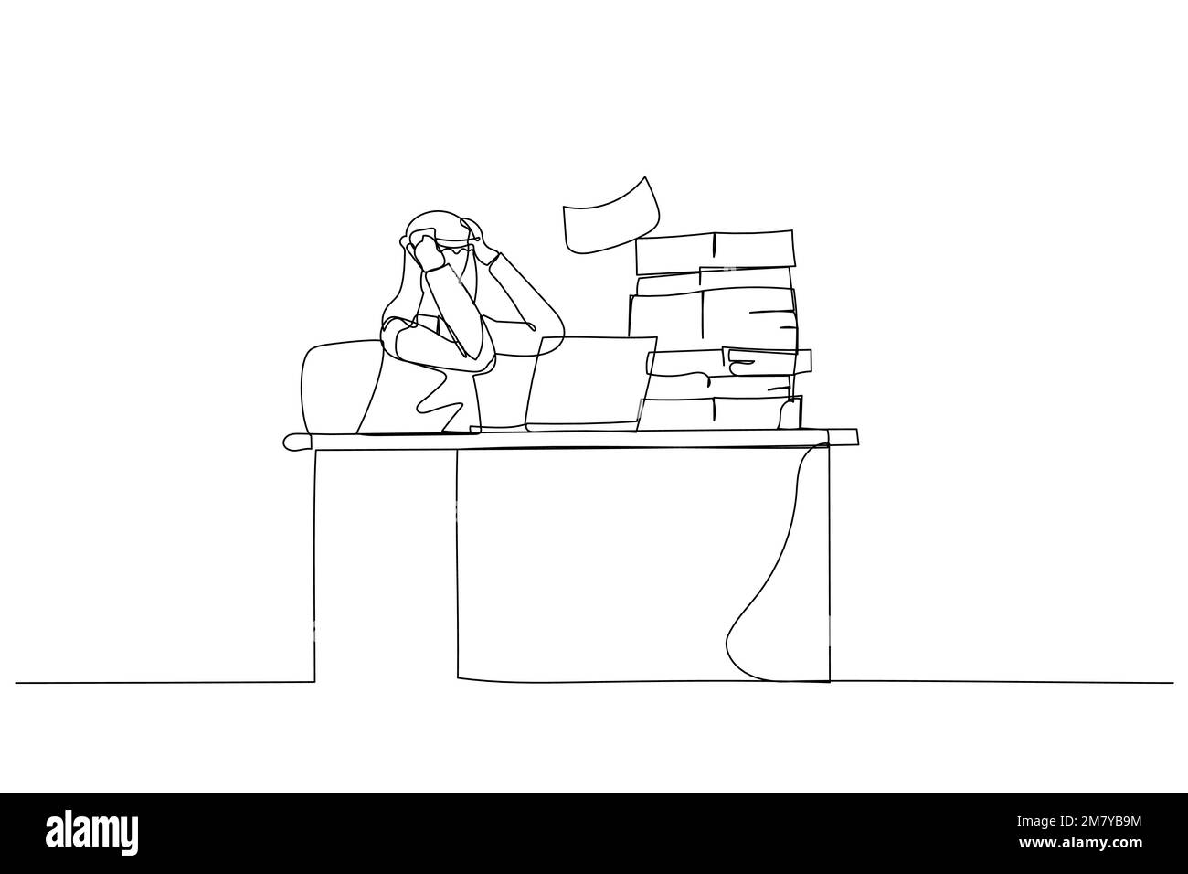 Caricature de l'homme arabe frustré assis sur le bureau occupé concept de bureau de submergé. Design en ligne continue Illustration de Vecteur