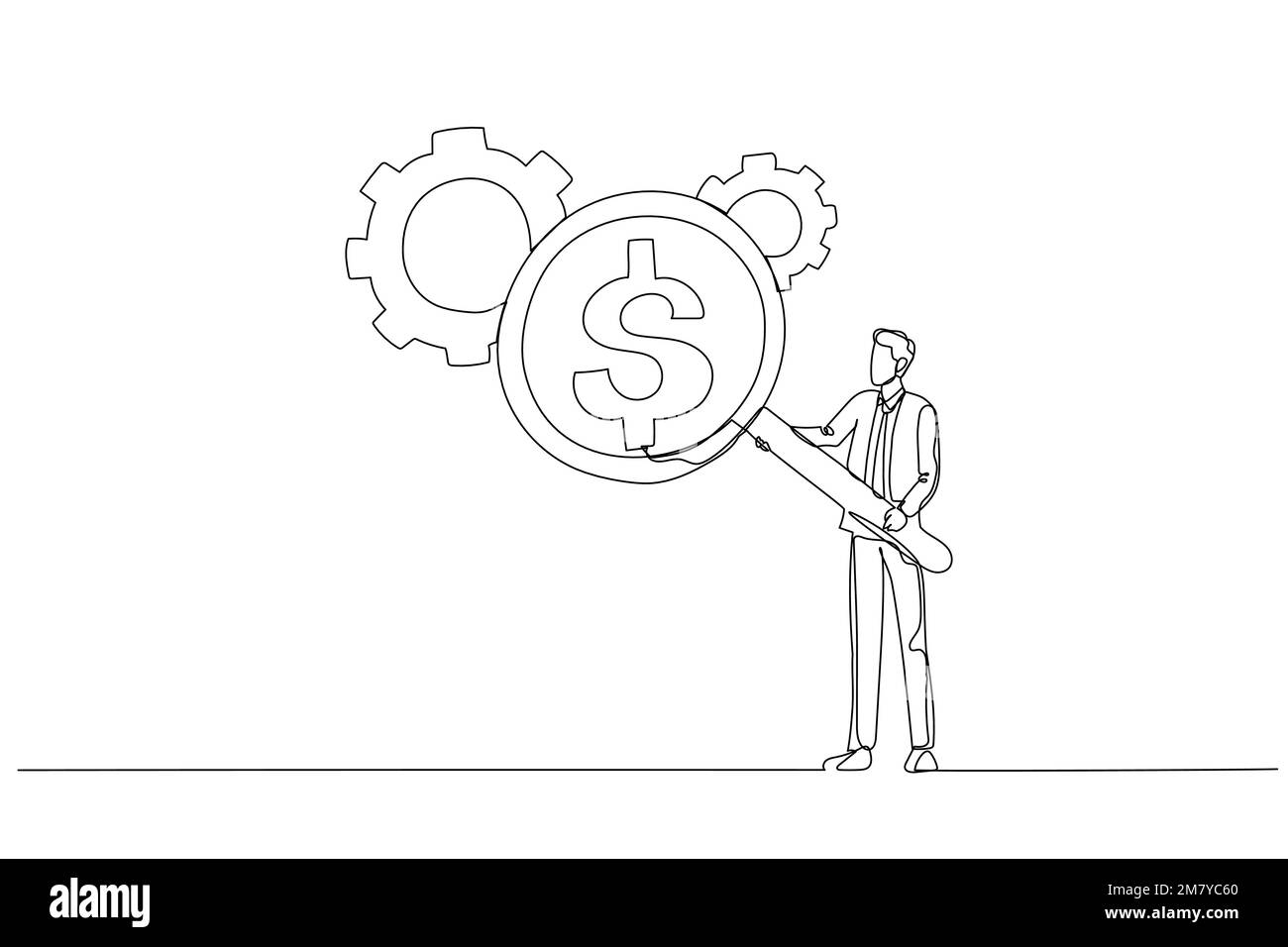 Dessin d'homme d'affaires avec loupe montrant la réflexion d'argent de dollar regardant le concept de roue dentée d'engrenage de coût efficace. Style d'art continu de Illustration de Vecteur