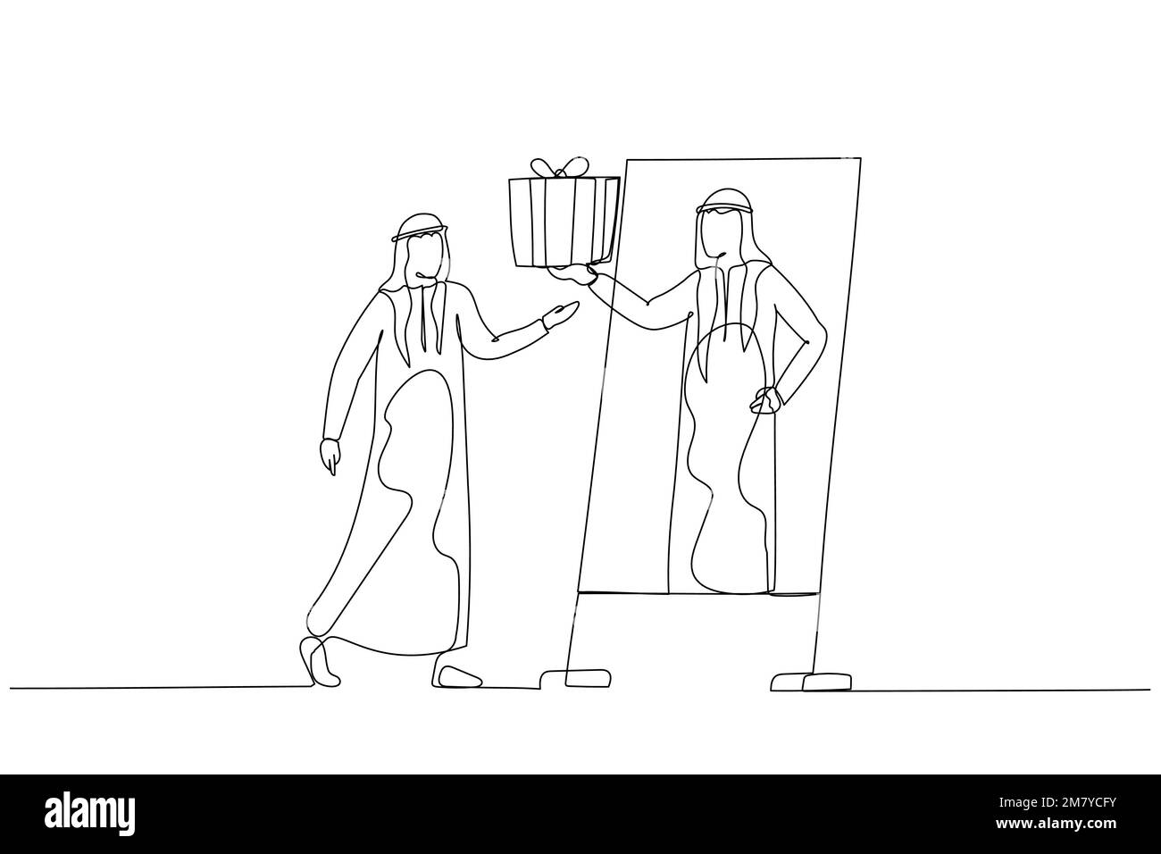 Dessin d'un homme arabe donnant la récompense à soi-même lors de la réalisation de l'objectif célébrer la victoire. Design de style art simple Illustration de Vecteur