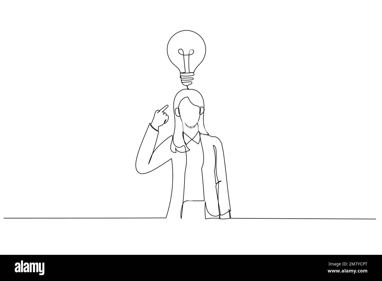 Dessin animé d'une femme d'affaires pointant vers la tête avec un doigt trouvé et se souvenir de l'idée. Design de style art continu Illustration de Vecteur