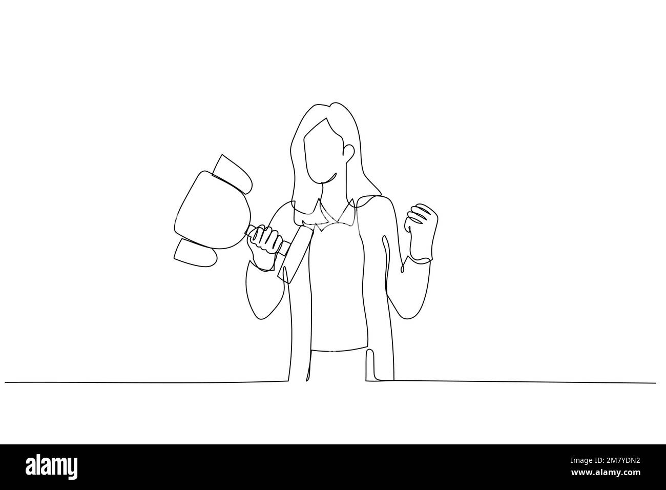 Tirage au sort d'une femme d'affaires célébrant le succès en tenant le trophée gagnant. Design unique de style art continu Illustration de Vecteur