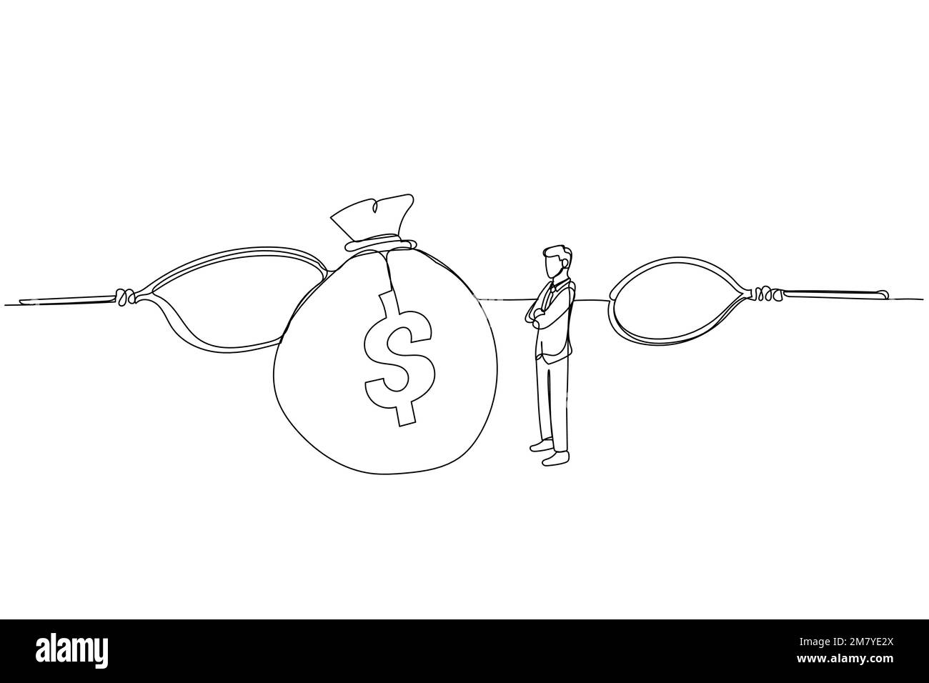 Dessin d'un homme d'affaires regardant dans un grand sac d'argent debout au milieu du piège. Design unique de style art continu Illustration de Vecteur