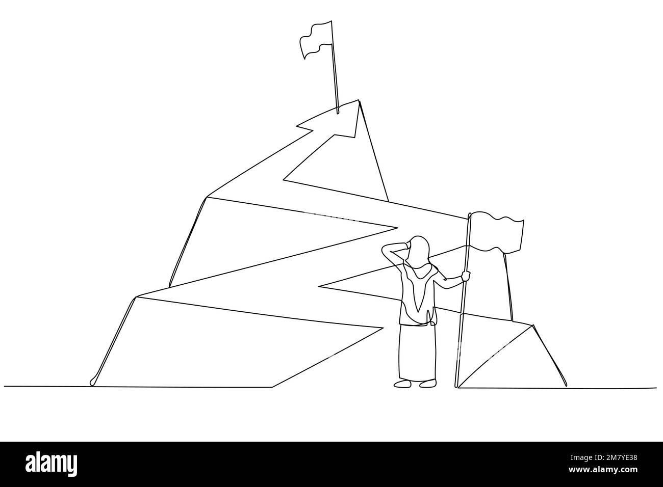 Illustration de la femme musulmane enterpreneur avec drapeau regardant le drapeau du haut de la flèche. Design de style art simple Illustration de Vecteur