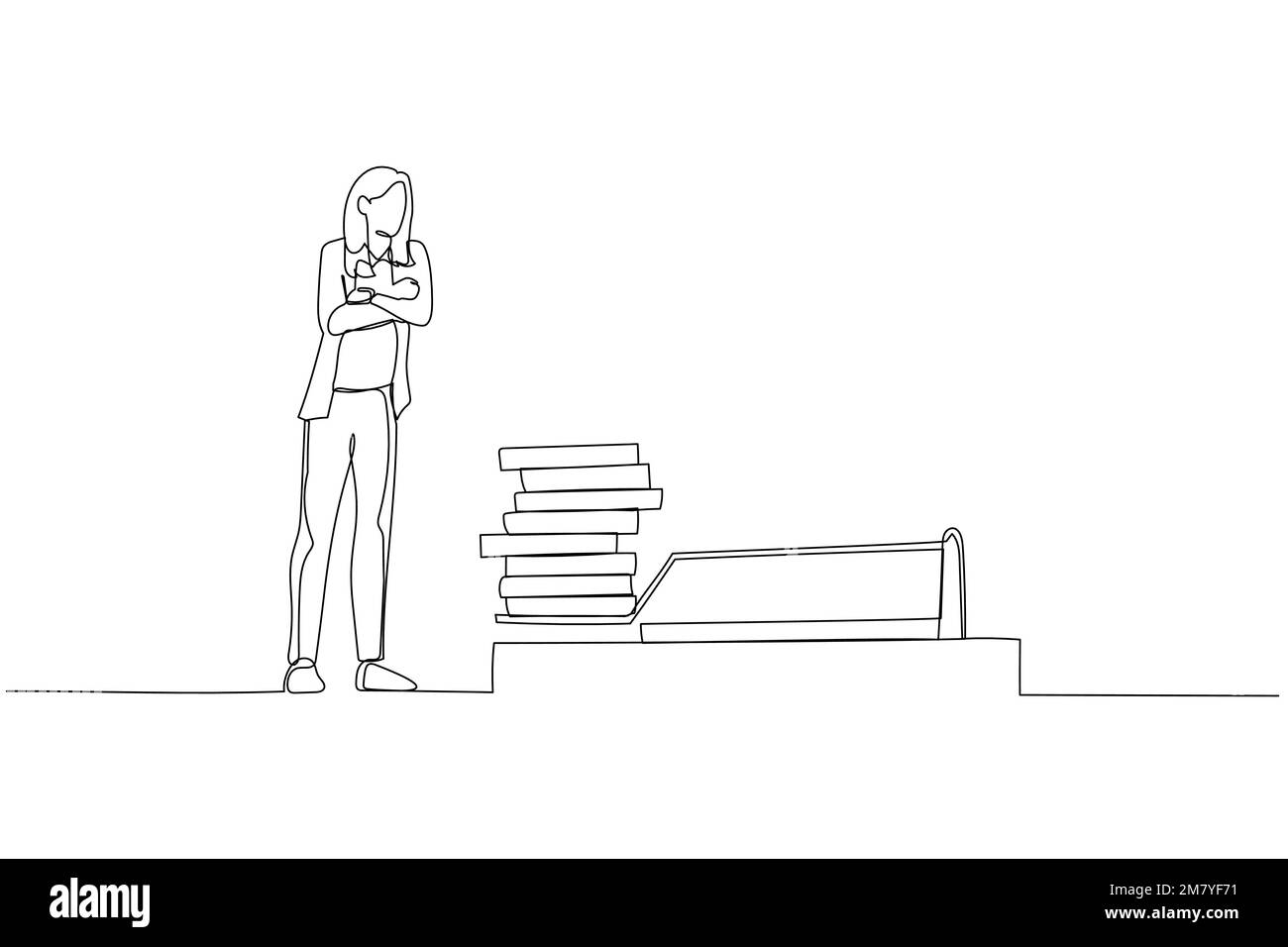 Dessin d'une femme d'affaires regardant analyser dollar coin profit sur mousetrap. Un design de style art continu Illustration de Vecteur