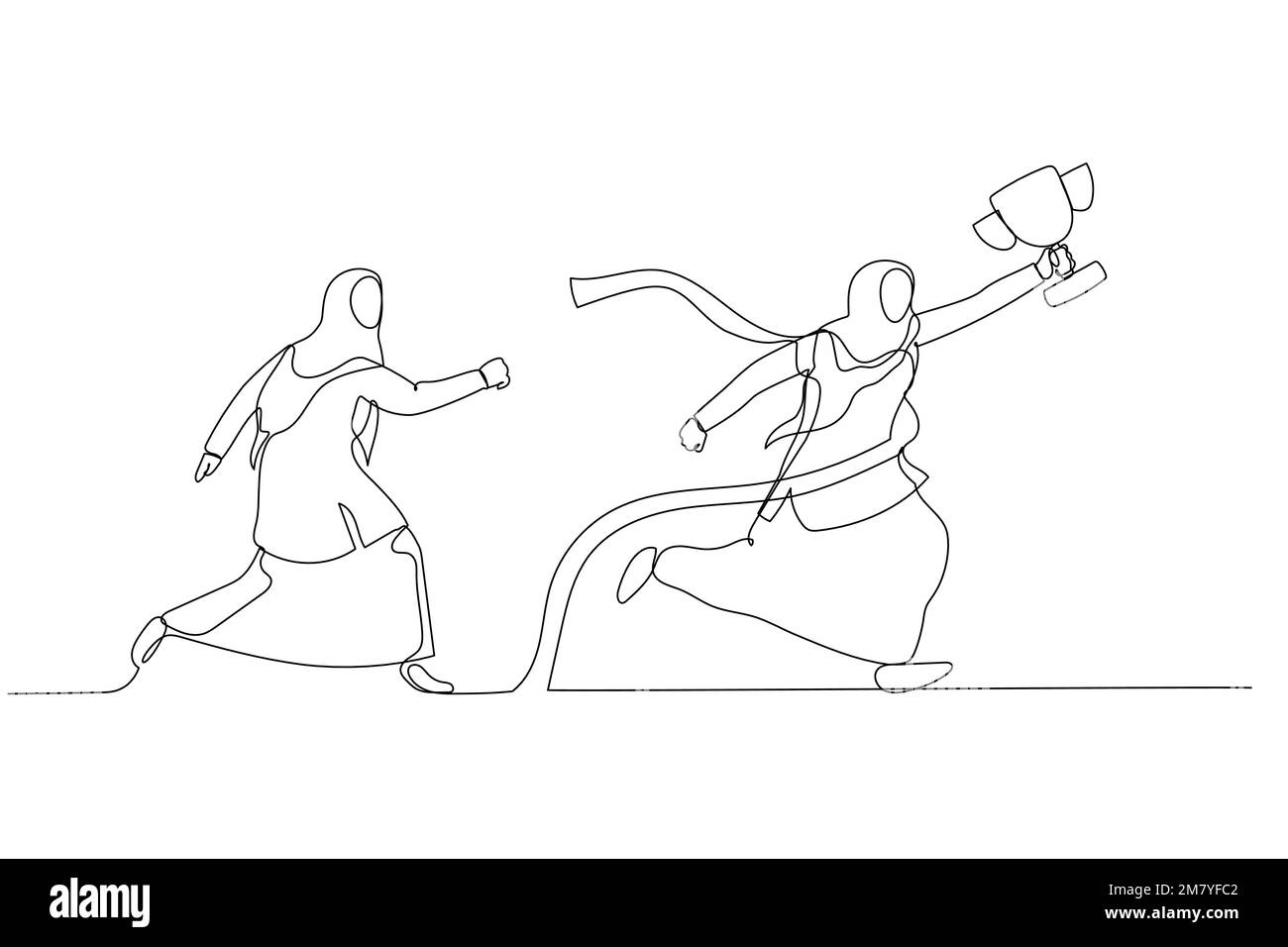 Illustration de la femme d'affaires musulmane obtenir à la ligne d'arrivée gagnant concurrence féroce. Design de style art à une ligne Illustration de Vecteur
