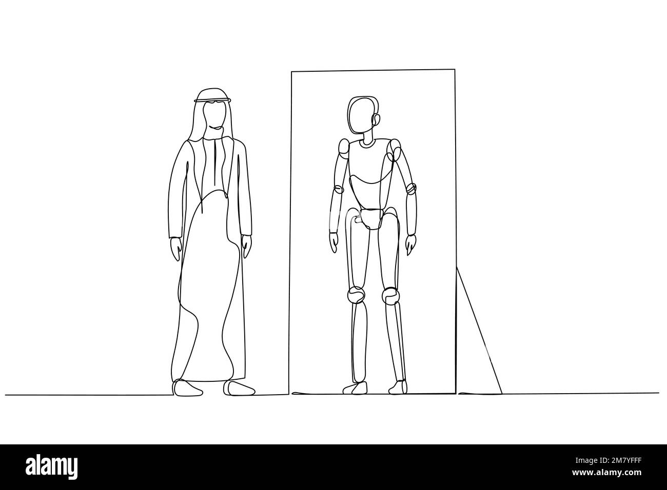 Dessin animé de l'homme arabe regardant dans le miroir et voyant la version robot du concept de soi de l'intelligence artificielle. Design de style art continu Illustration de Vecteur