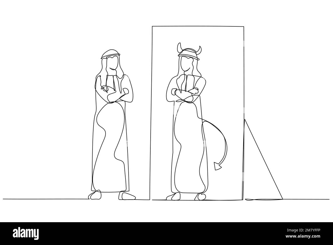 Dessin de l'homme arabe regardant dans le démon intérieur diable concept de double personnalité. Design unique en continu Illustration de Vecteur