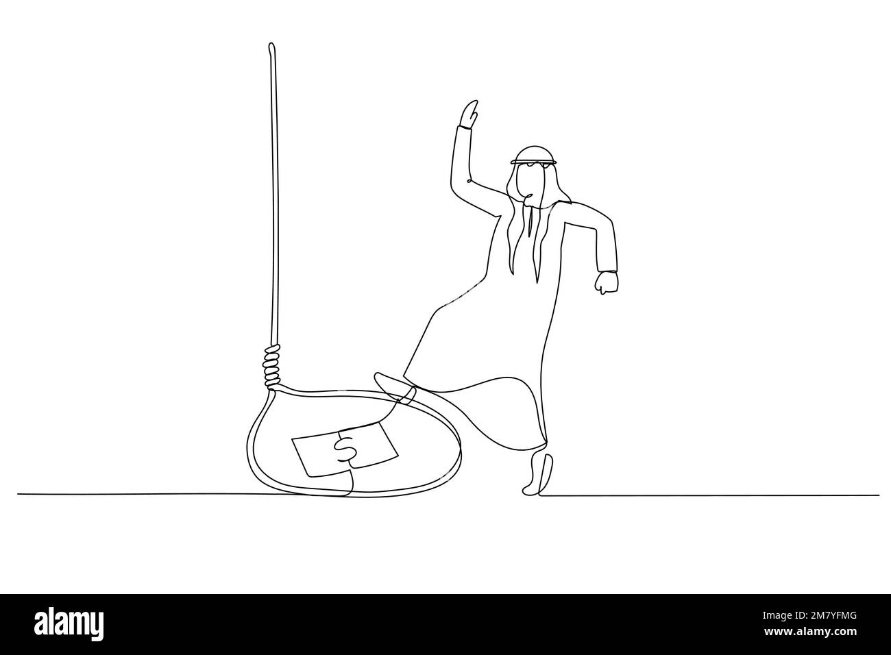 Dessiner un homme arabe piégé avec de l'argent appât obtenir piège parce que gourmand. Design de style art simple Illustration de Vecteur