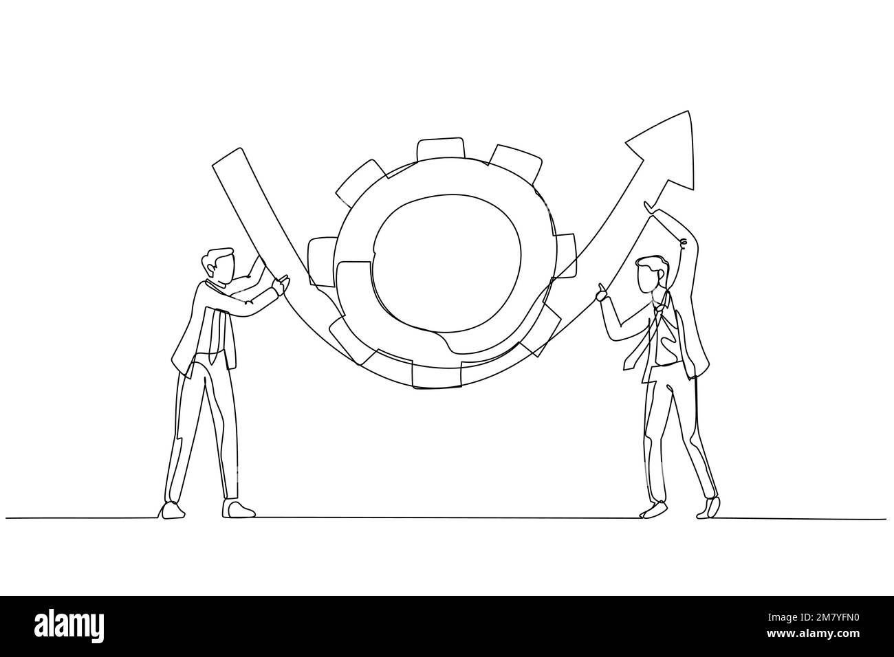 Illustration de partenaire d'affaires aider à faire tourner la roue dentée d'engrenage pour faire remonter flèche vers le haut du concept de transformation de l'entreprise. Art. Ligne continue unique s Illustration de Vecteur