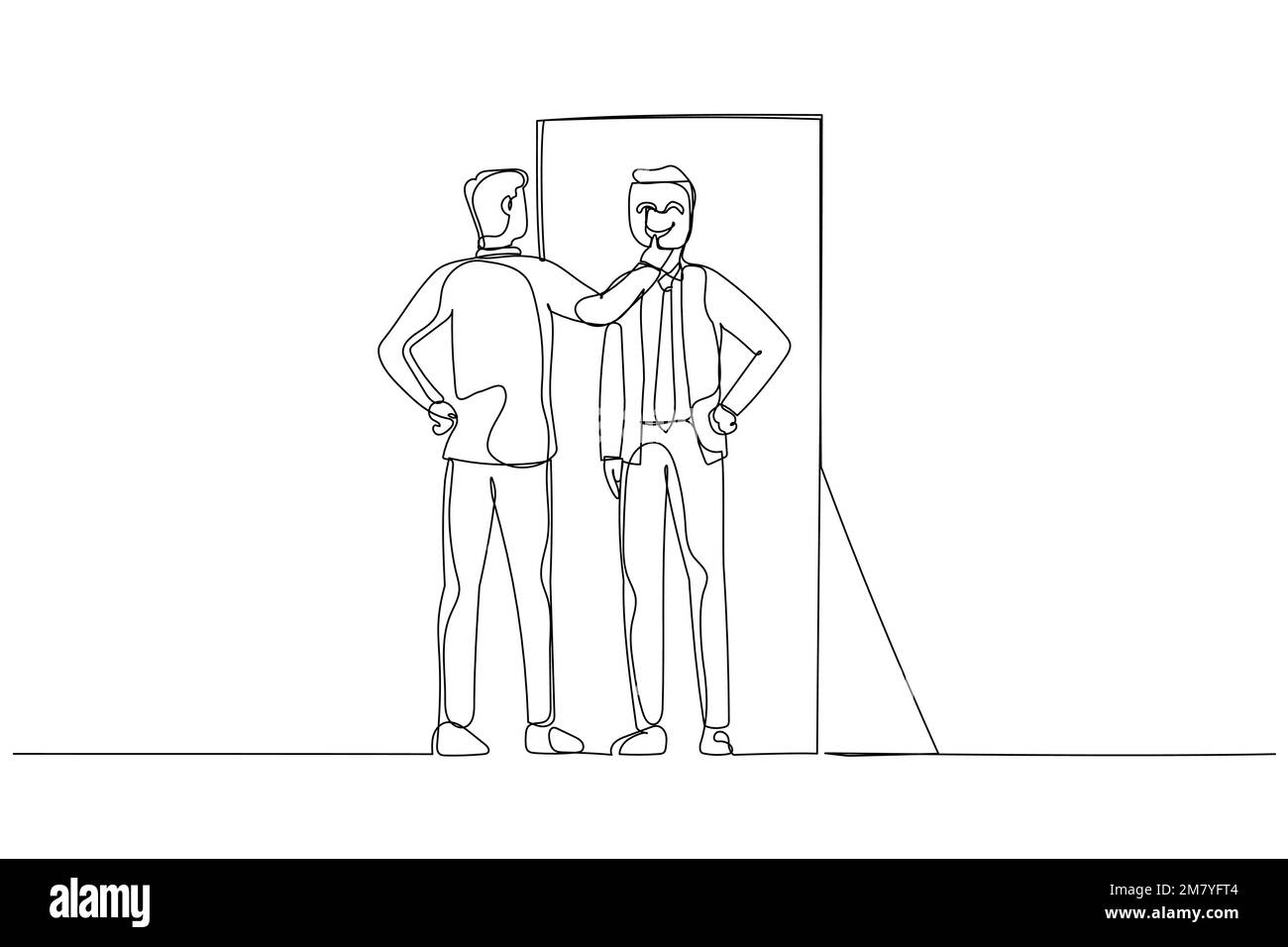 Dessin animé de l'homme d'affaires mettant le masque dans le concept de réflexion de soi du syndrome d'impostor. Un design de style art continu Illustration de Vecteur