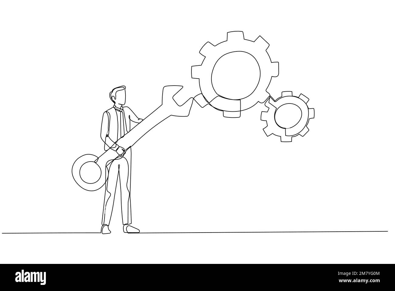 Dessin animé de l'homme d'affaires tenant la clé pour régler les roues dentées concept de réglage. Design de style art à une ligne Illustration de Vecteur