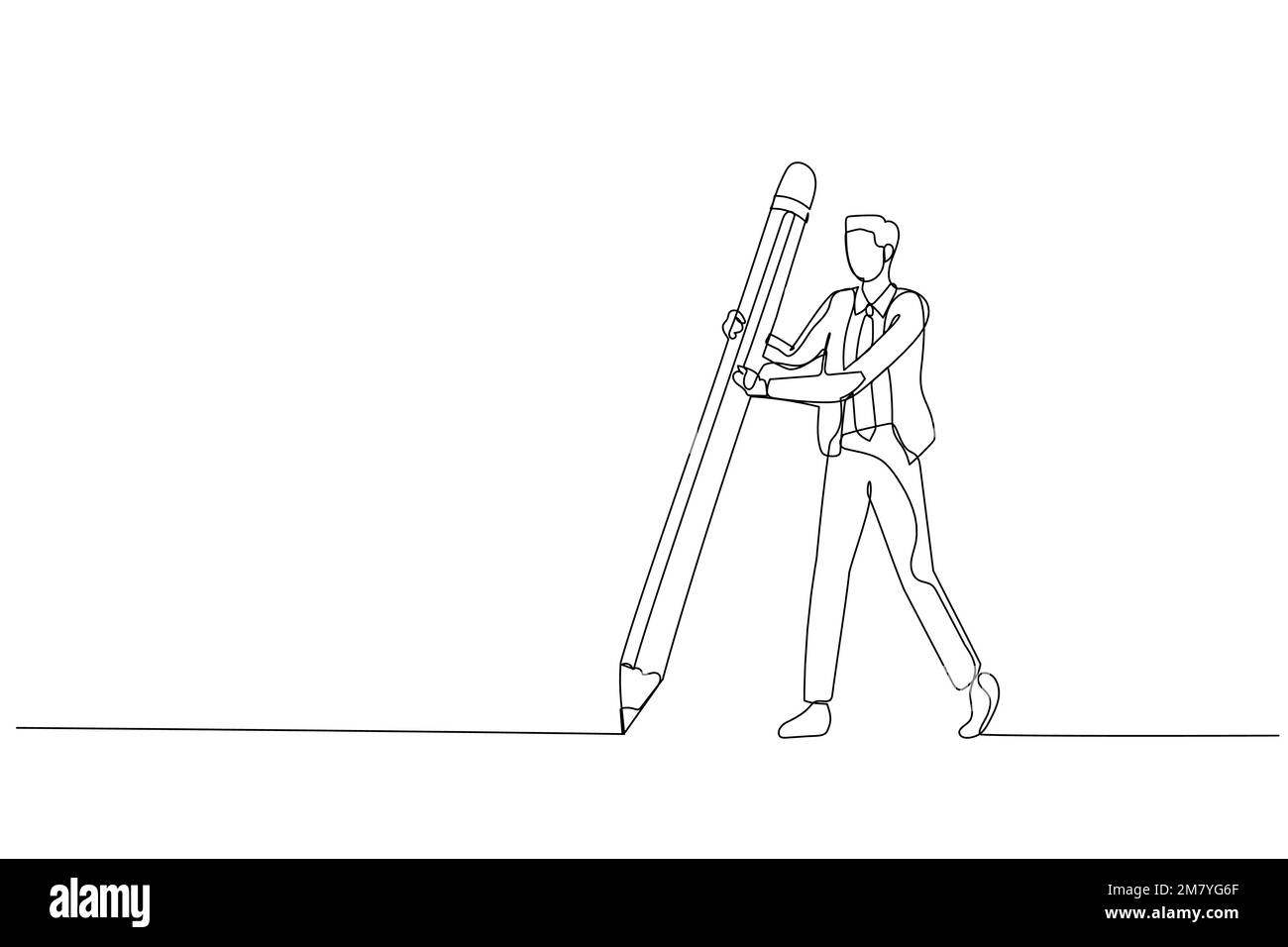 Dessin animé d'homme d'affaires tenant un gros crayon dessinant la frontière concept de la vie privée. Design de style art à une ligne Illustration de Vecteur