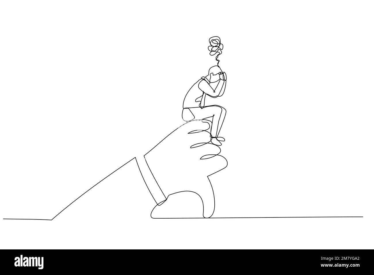 Dessin d'homme d'affaires triste et stressé de penser à l'évaluation de rétroaction négative de gestionnaire. Design unique de style art continu Illustration de Vecteur