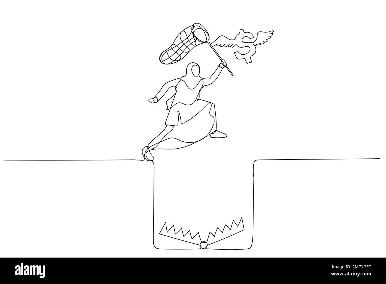 Illustration de la femme d'affaires musulmane essayer de prendre le dollar volant par le trou du piège. Design en ligne continue Illustration de Vecteur