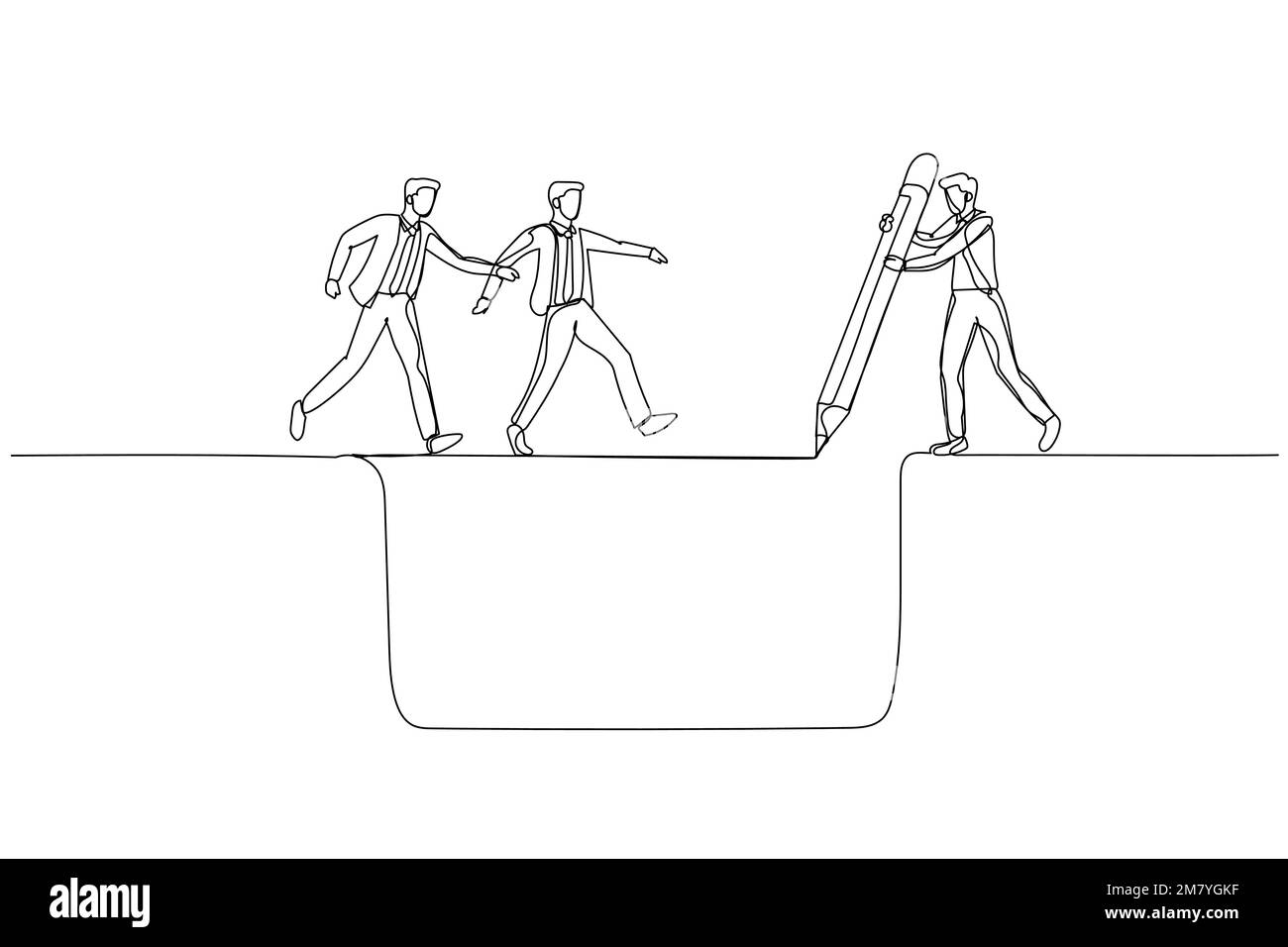 Illustration du chef d'entreprise dessiner un pont aide l'équipe à franchir le concept de leadership de falaise. Design de style art simple Illustration de Vecteur