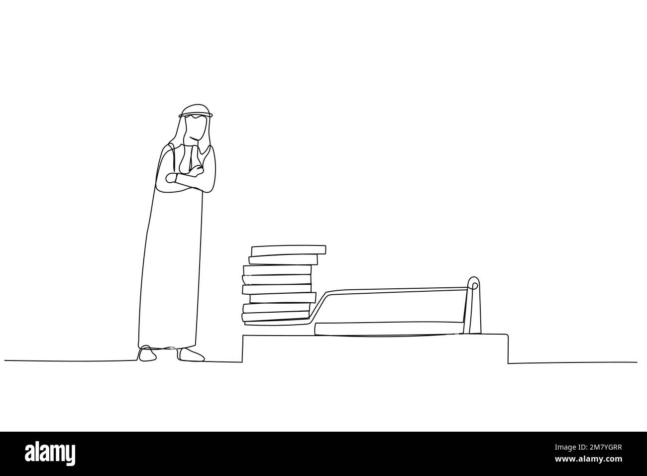 Caricature de l'homme arabe regardant analyser le profit de pièce de dollar sur mousetrap. Design de style art continu Illustration de Vecteur