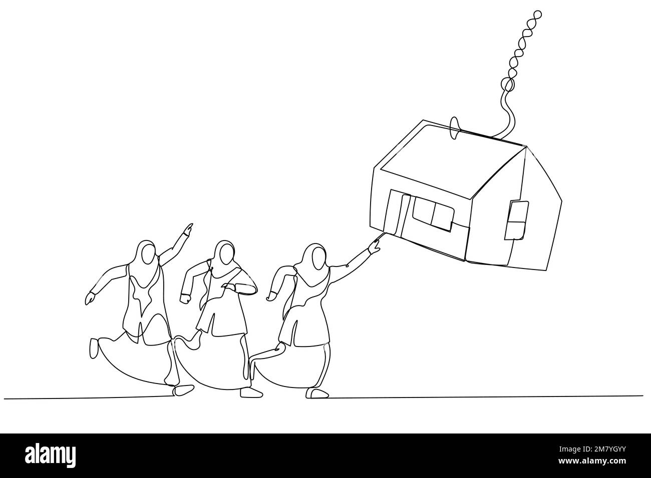 Caricature d'un groupe de musulmanes essayer d'obtenir des appâts de maison sur le crochet de pêche. Design unique de style art continu Illustration de Vecteur