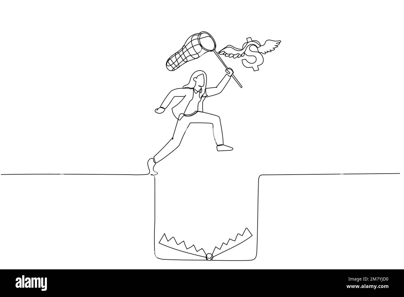 Illustration d'une femme d'affaires essayer de prendre le dollar volant saut par-dessus le trou de piège. Design de style art continu Illustration de Vecteur