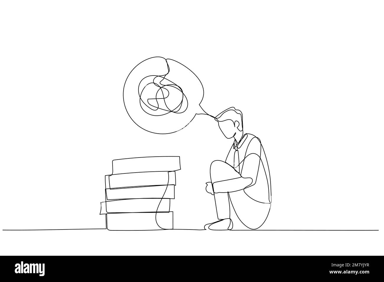 Caricature d'homme d'affaires dans un état de dépression confondu le concept de santé mentale. Un design artistique de style ligne Illustration de Vecteur