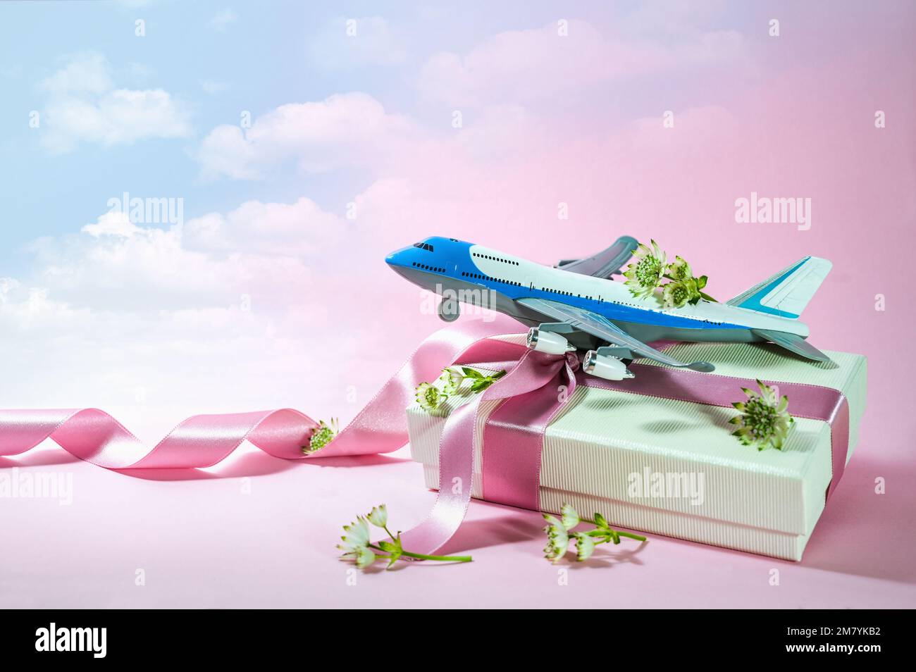 Jouet avion sur une boîte cadeau avec ruban et quelques fleurs, fond rose s'estompe dans un ciel bleu nuageux, voyage et voyage présent pour la Saint Valentin Banque D'Images