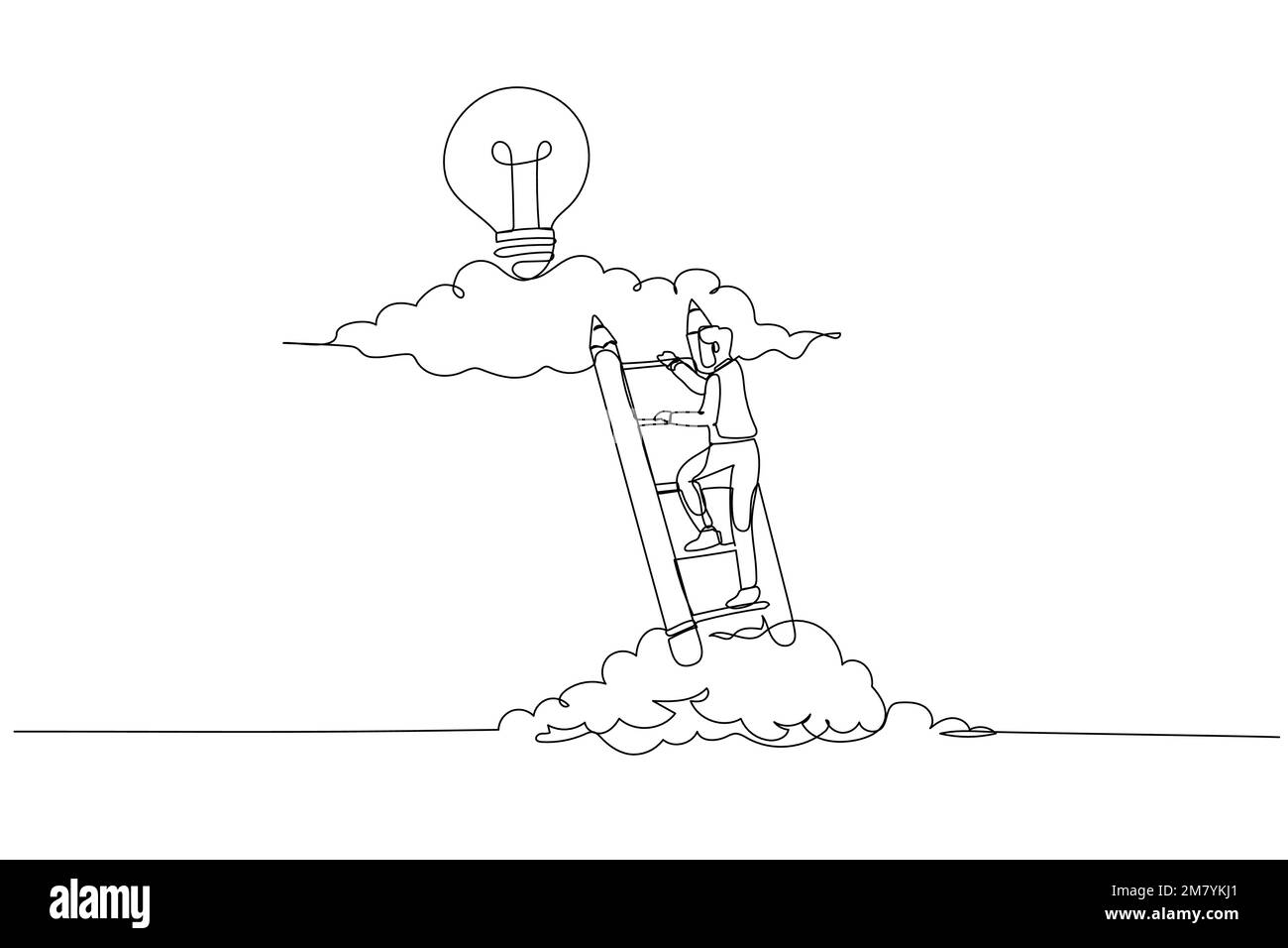 Illustration de l'homme d'affaires grimpant l'échelle vers le haut du nuage pour trouver l'idée lumineuse concept de l'inspiration créative. Un seul dessin au trait continu Illustration de Vecteur