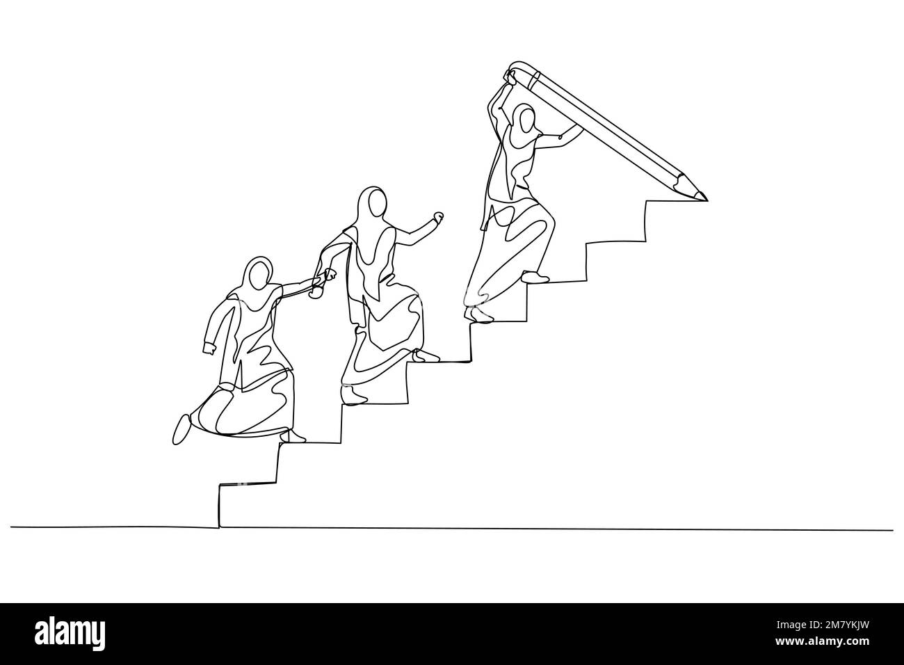 Dessin d'une femme musulmane dessiner un escalier avec un crayon pour diriger l'équipe marcher vers le haut leader guide le concept de croissance de l'équipe. Un design de style art continu Illustration de Vecteur