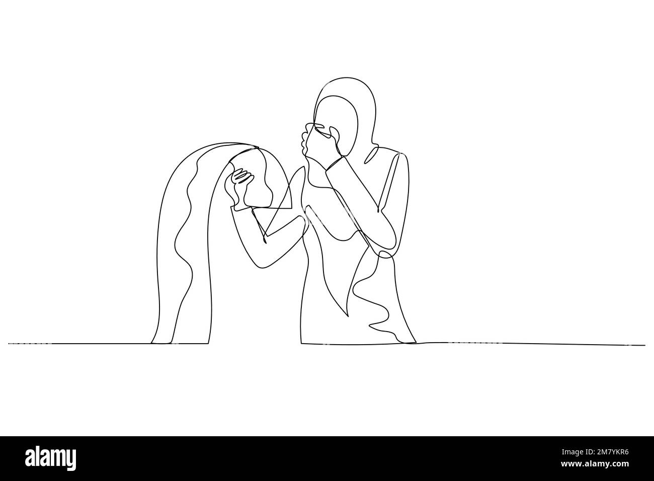 Illustration de la femme musulmane détenant une longue liste de factures soulignée à cause de la dette. Design unique de style art continu Illustration de Vecteur