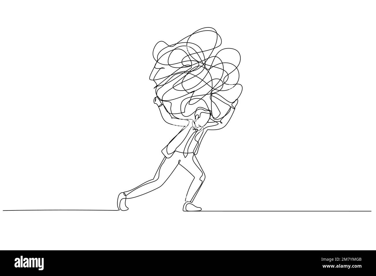 Illustration d'un homme d'affaires qui porte une lourde ligne désordonnée sur son dos métaphore du stress du travail. Design unique de style art continu Illustration de Vecteur