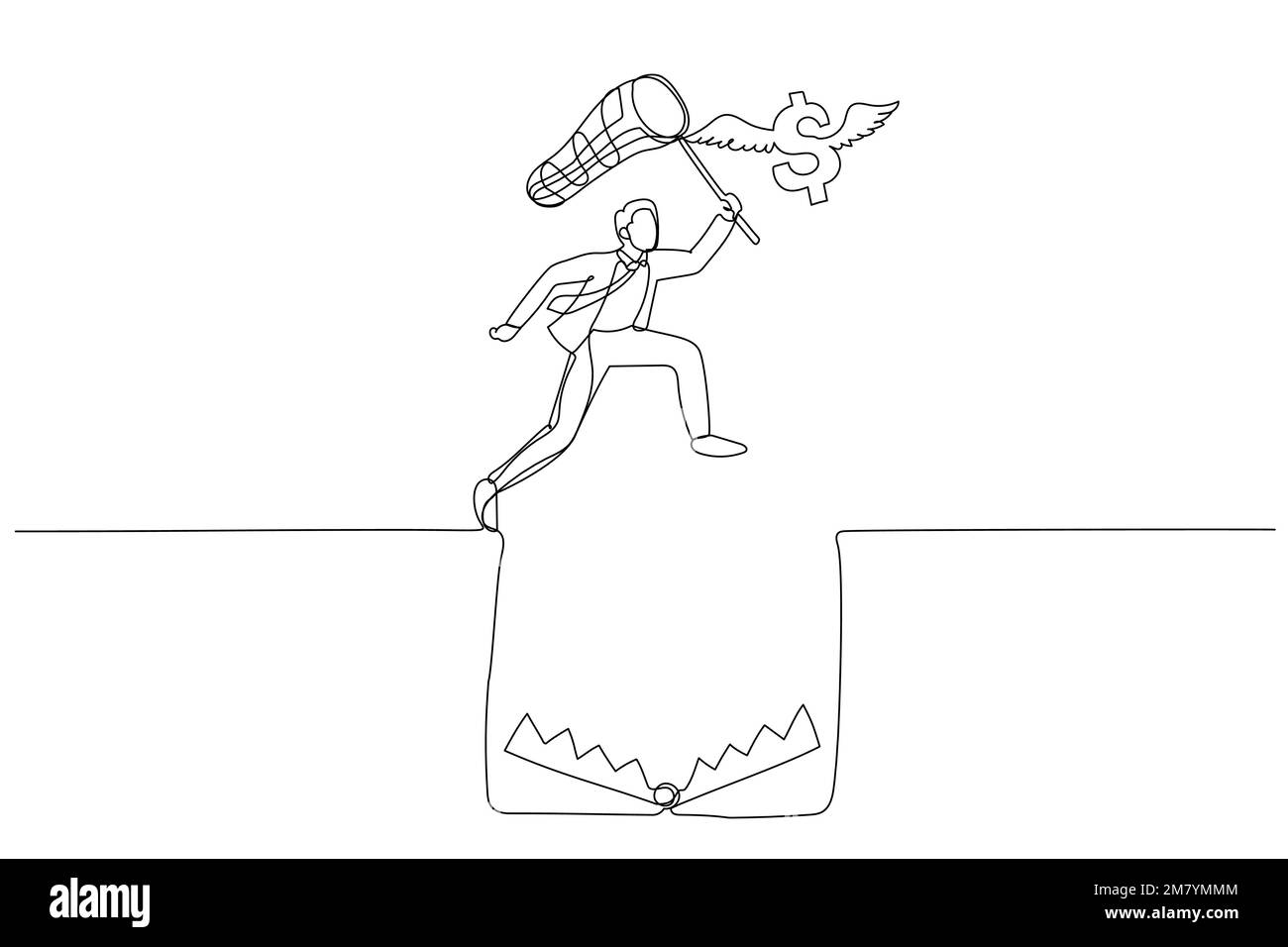 Caricature d'homme d'affaires essayer de prendre le dollar volant par-dessus le trou du piège. Un design de style art continu Illustration de Vecteur