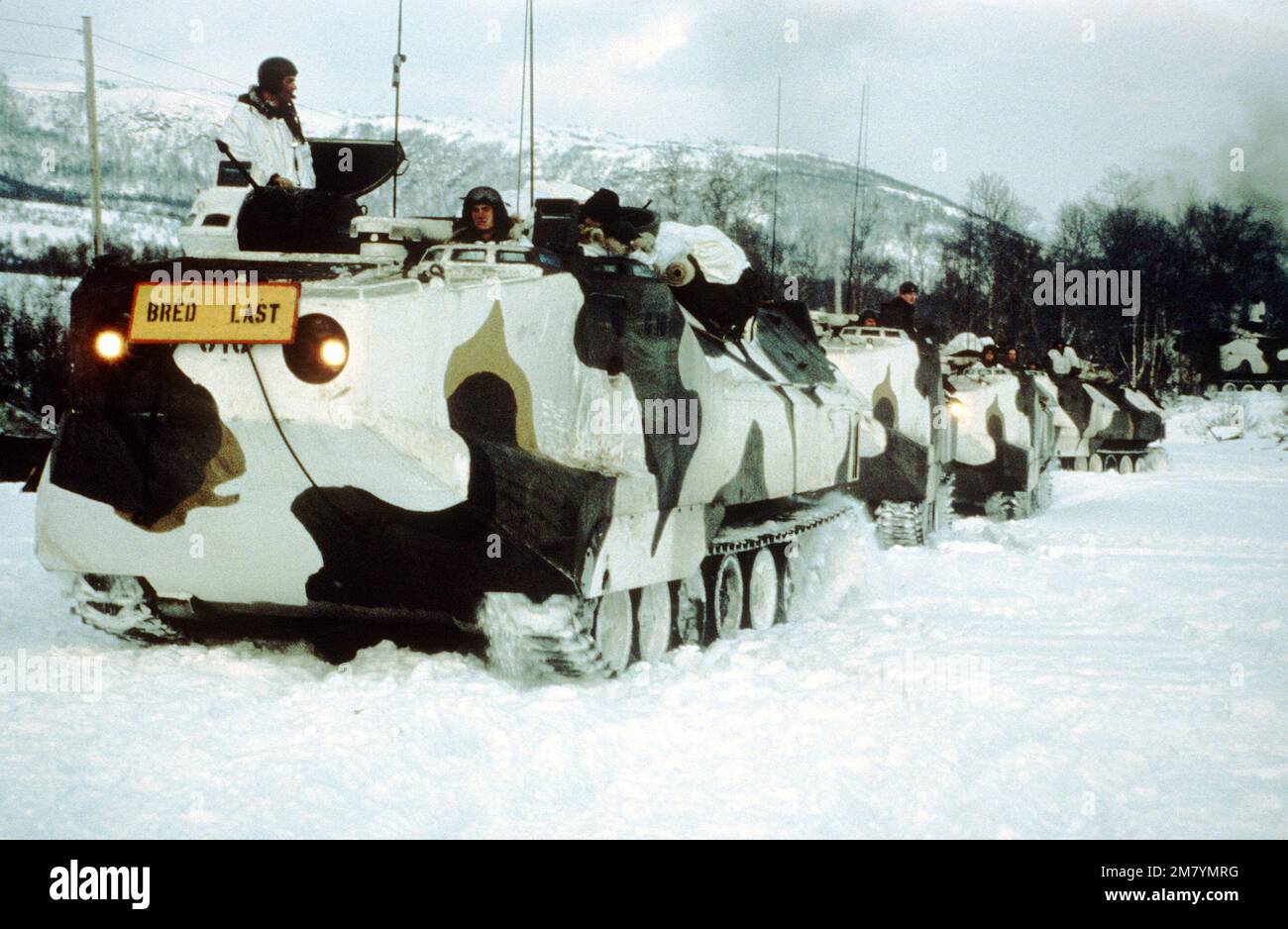 Les Marines du Bataillon des véhicules d'assaut amphibies (AAV) de 2nd manœuvrent leurs AAV sur le terrain arctique pendant l'exercice hiver froid '83. Sujet opération/série: HIVER FROID '83 pays: Norvège (NOR) Banque D'Images
