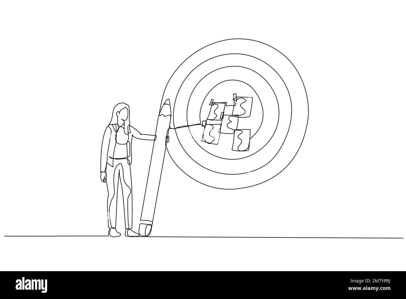 Illustration de femme d'affaires écrire l'objectif sur des notes et mettre sur le grand dartboard concept de définition de cible. Design unique de style art continu Illustration de Vecteur
