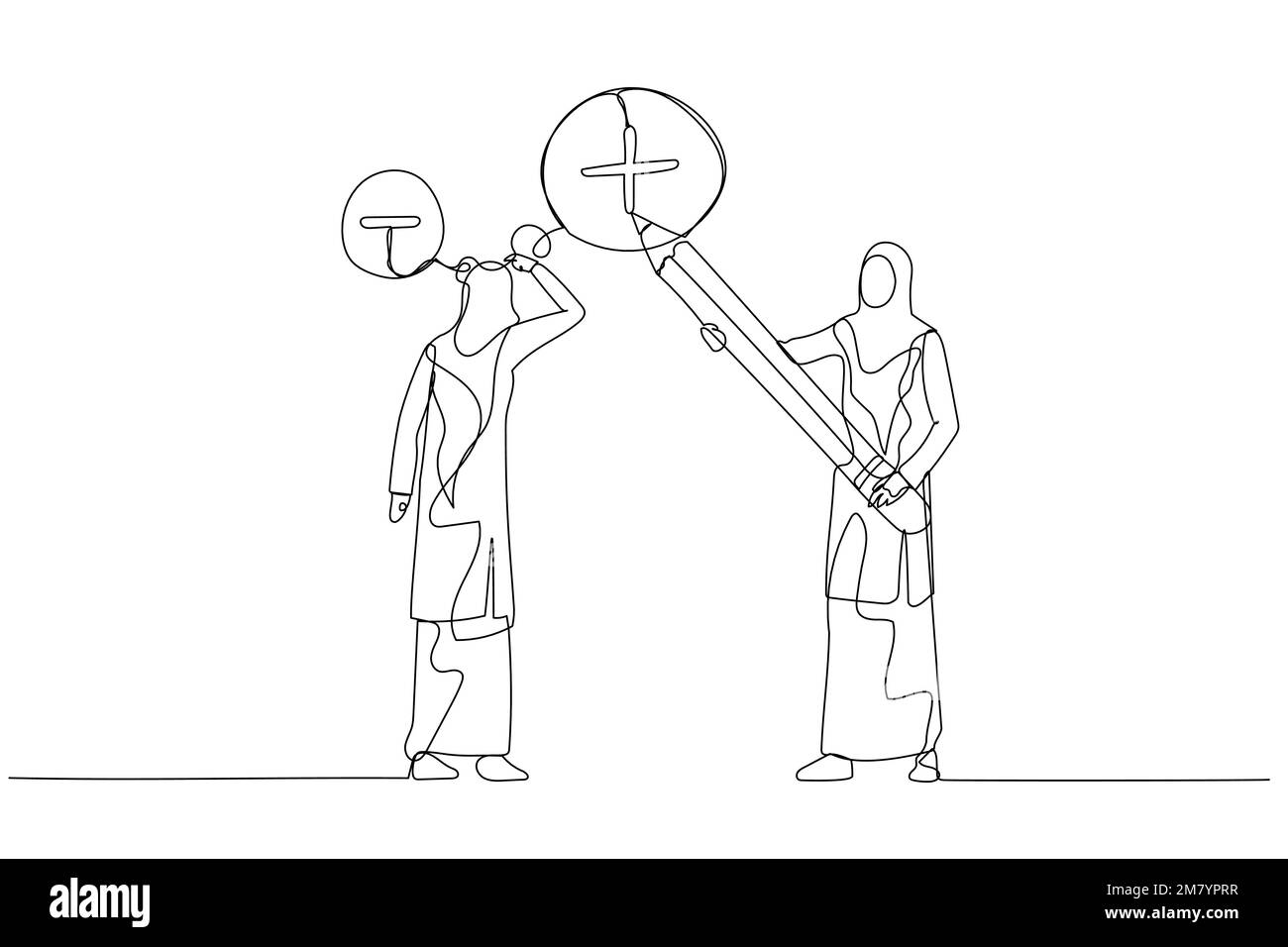 Illustration de la femme musulmane gestionnaire utilisant un crayon pour dessiner un signe positif sur le concept de pensée négative de l'employé de l'attitude. Style d'art continu de Illustration de Vecteur