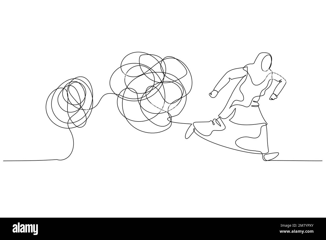 Caricature de femme musulmane s'éloignant de la ligne de boule emmêlée concept d'éviter le problème. Design unique en continu Illustration de Vecteur