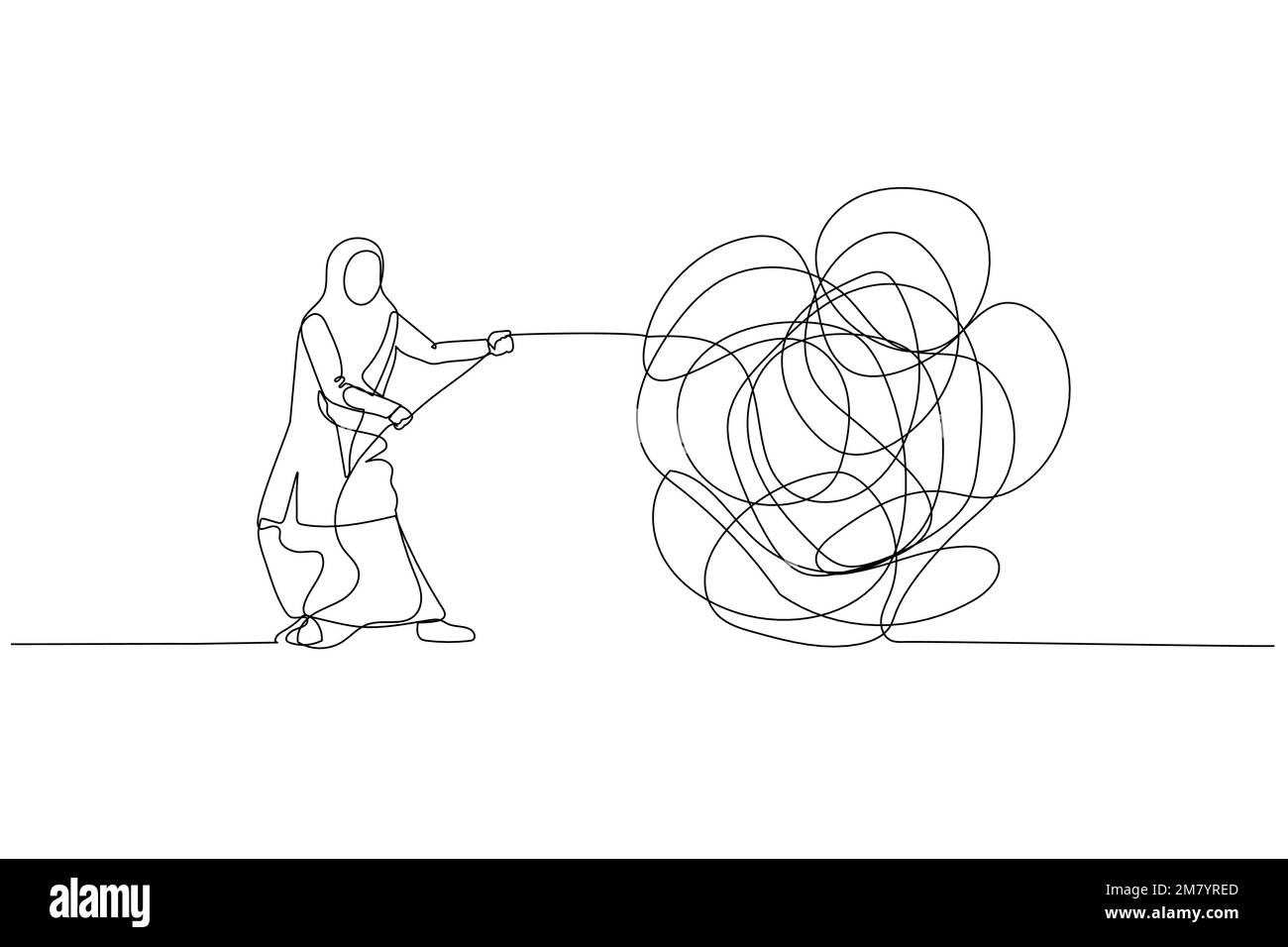 Illustration de la femme musulmane essayer de démêler le concept de corde enchevêtrée de solution et de résolution de problèmes. Design de style art continu Illustration de Vecteur