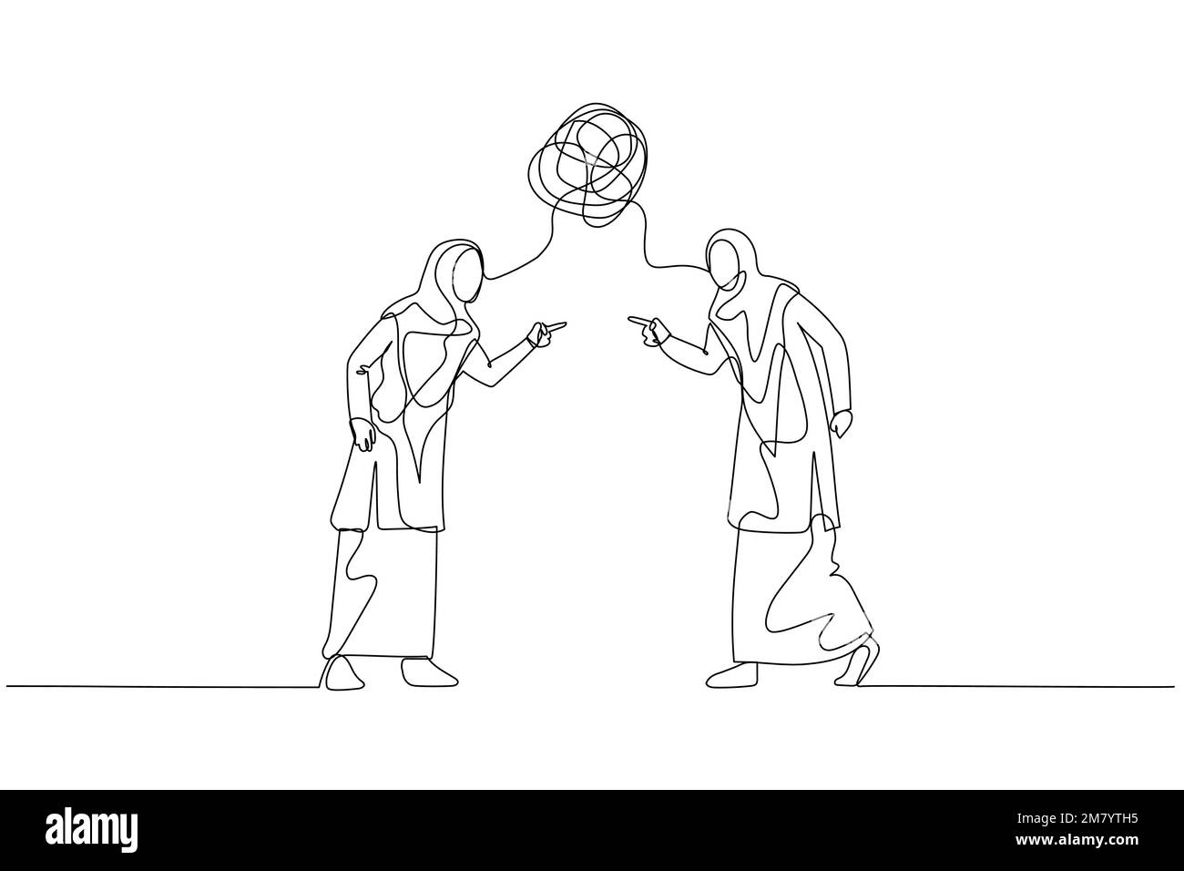 Dessin d'une femme musulmane et d'une collègue discutant de la notion de conflit. Design en ligne continue Illustration de Vecteur