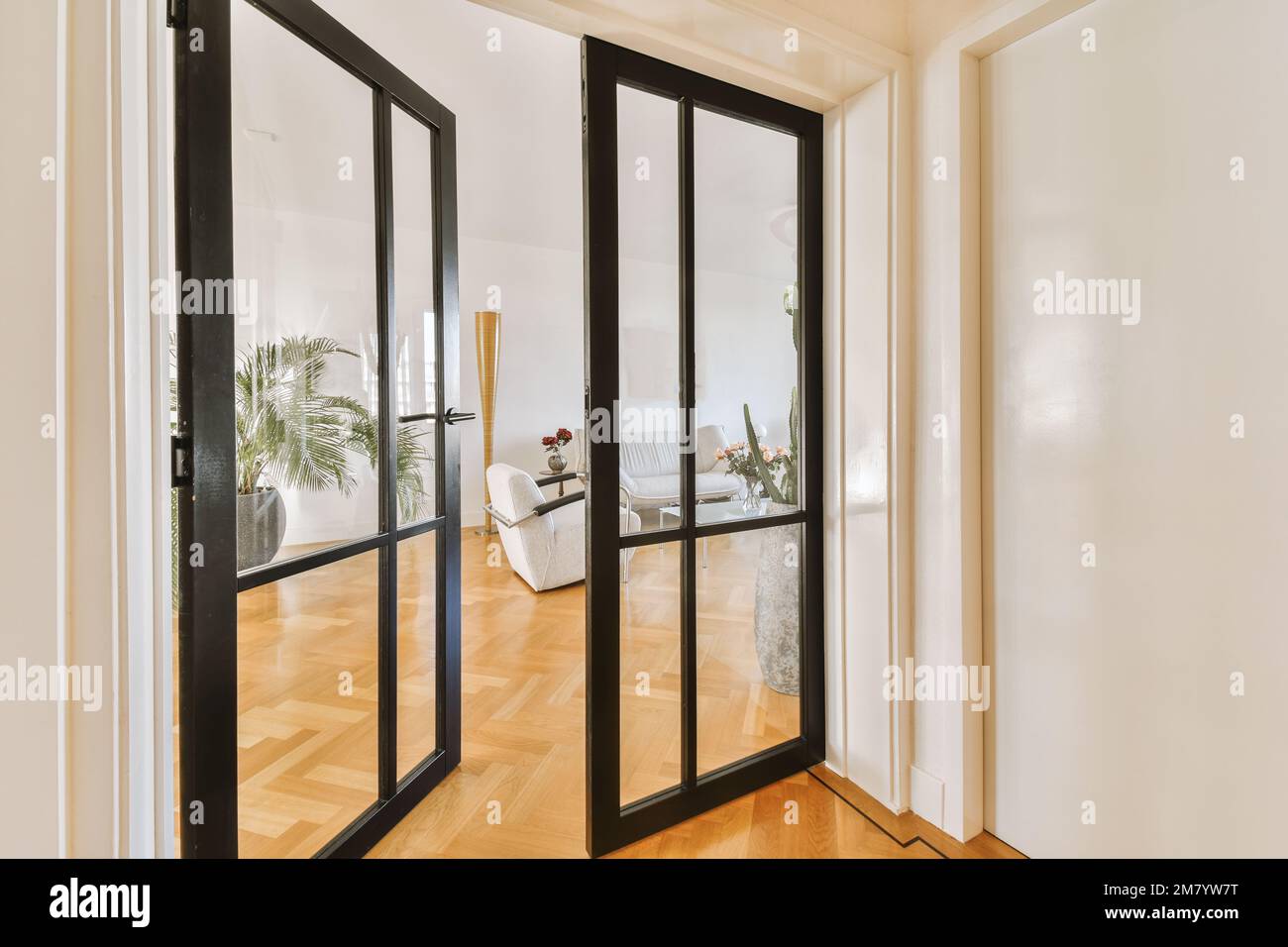 l'intérieur d'une maison avec parquet et portes doubles noires menant à un salon ouvert d'un côté Banque D'Images