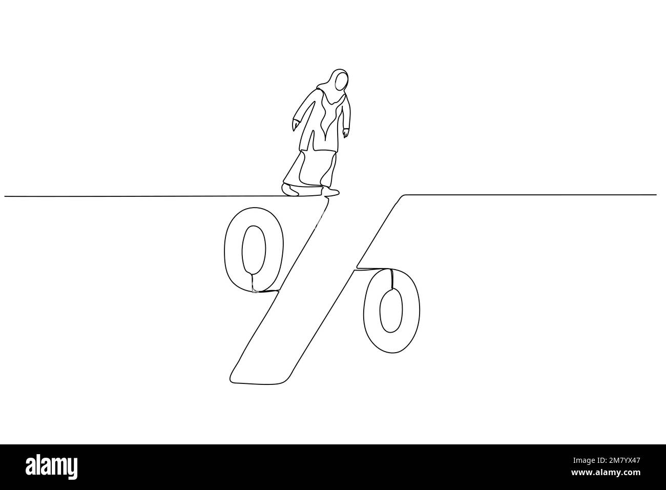 Dessin d'une femme d'affaires musulmane regardant dans le trou profond du piège de la dette de pourcentage de prêt d'intérêt. Un design de style art continu Illustration de Vecteur