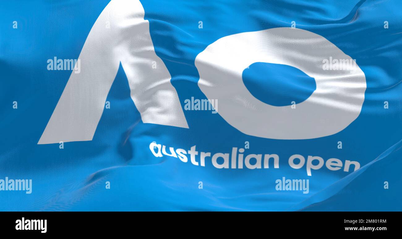 Melbourne, au, décembre 2022 : drapeau ouvert australien. L'Open d'Australie est un tournoi de tennis qui se tient chaque année à Melbourne. Événement sportif. Tissu ondulé Banque D'Images
