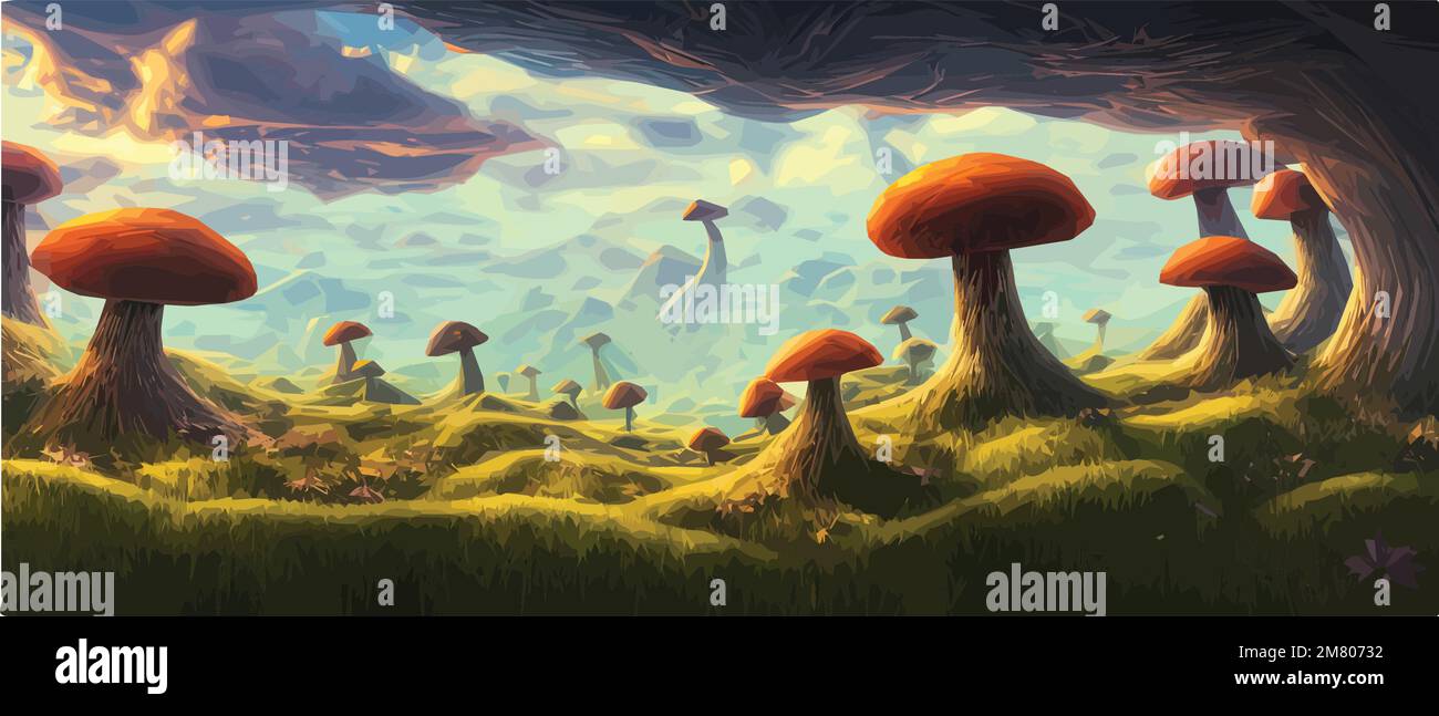 Paysages de champignons surréalistes, paysage fantastique des merveilles avec des