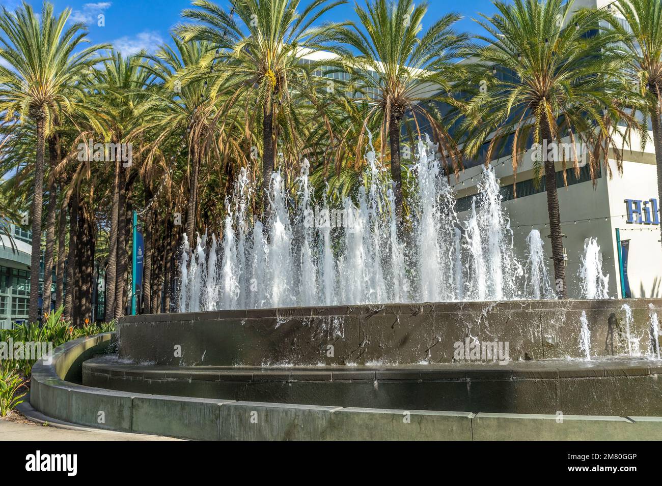 Anaheim, CA, États-Unis – 1 novembre 2022 : fontaine et palmiers au centre de congrès d'Anaheim, en Californie. Banque D'Images