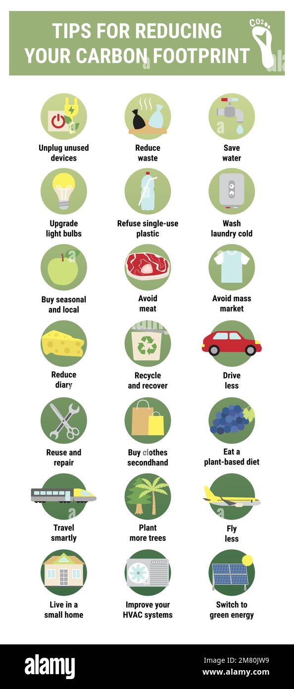 Infographie sur l'empreinte carbone. Conseils pour réduire votre empreinte carbone personnelle. Infographie sur la diminution de CO2e. Sauver la planète et l'environnement impr Illustration de Vecteur